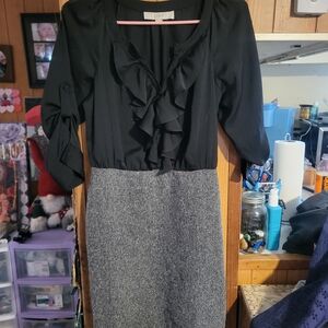 LOFT Black Ruffle Bodice Sheath Dress with Gray Tweed Skirt